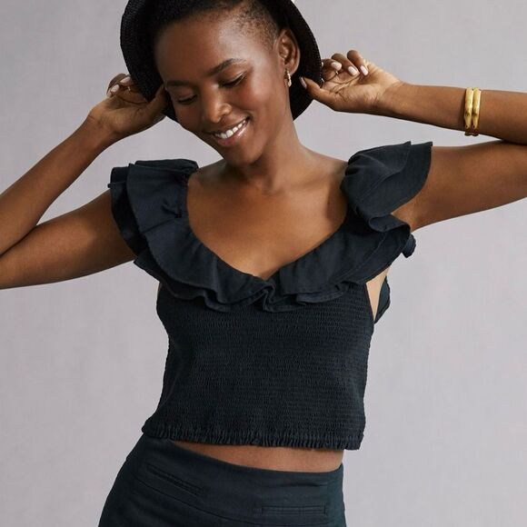 Anthropologie | Maeve Ruffled Smocked Top | Size: 4 | Color: Black - Picture 1 of 4